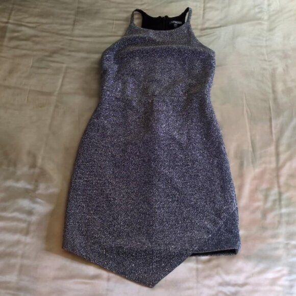 Express Sz 0 Silver Minidress Bodycon Y2K Haltertop Asymetrical Glamour Metallic - Picture 1 of 5
